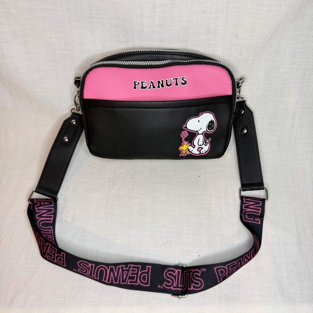 Peanuts Snoopy Woodstock Crossbody Bag Pink Black Camera Bag Faux Leather